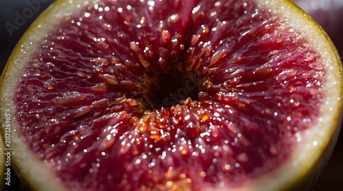 Lucid macro photo of a sliced vibrant fig showing its intricate rich red inner seeds in cinematic surreal detail
