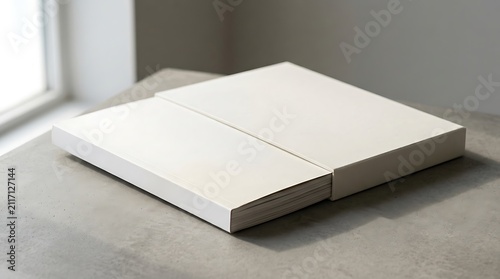 Blank white square book mockup lying on a gray table surface. magazine mockup psd