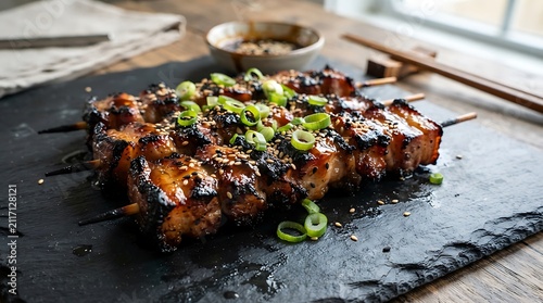 Grilled pork belly skewers glazed with teriyaki sauce and green onions