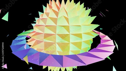 Rotating polygonal sphere with glowing ring and floating particles against black background
