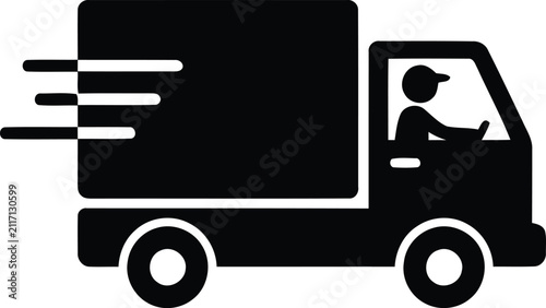 A fast delivery truck icon featuring a driver inside shown as a simple black and white graphic silhouette