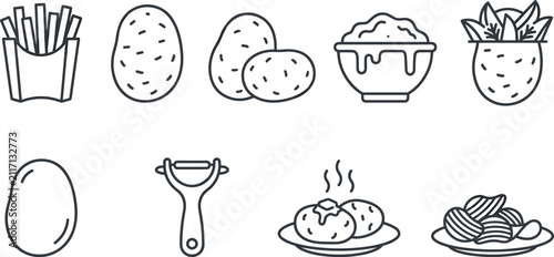 Foto Potato food products and cooking line icon set featuring french fries mashed pot