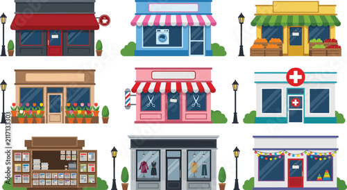 Storefront facade vector set featuring local cafe laundry grocery barber pharmacy florist and boutique shops