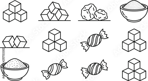Sugar and sweet product line icon set featuring sugar cubes powder bowls brown sugar pieces and wrapped candies