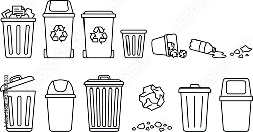 Trash can and recycling bin line icon set with plastic waste crumpled paper balls and scattered litter elements