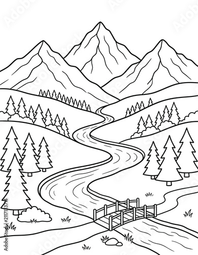 serene mountain landscape with winding river and wooden bridge Coloring page