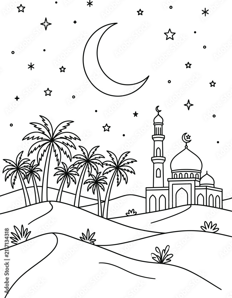 Obraz premium Ramadan mosque at night with crescent moon and palm trees Coloring page