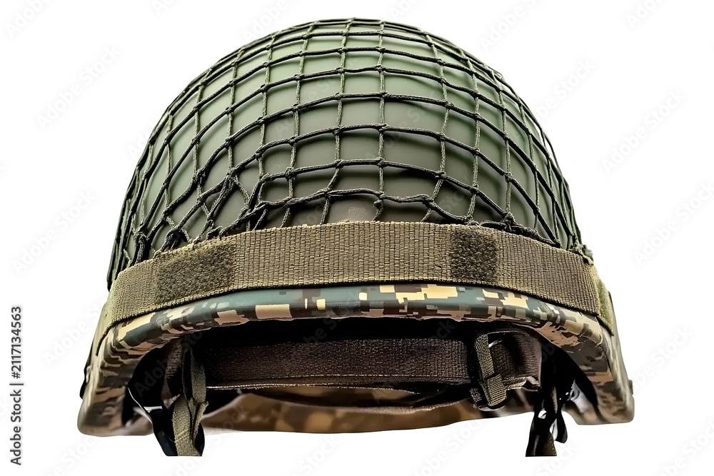 Obraz premium Tactical combat helmet with digital camouflage trim and netting strap detail isolated.