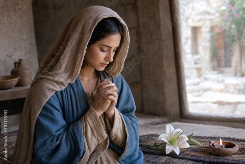 Virgin Mary Praying Beside White Lily in Humble Stone Home
