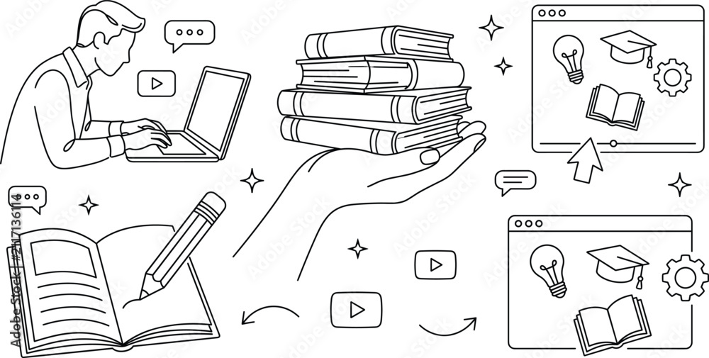 Fototapeta premium Online education and e-learning line illustration set featuring student typing laptop book stack hand notebook pencil browser tutorials