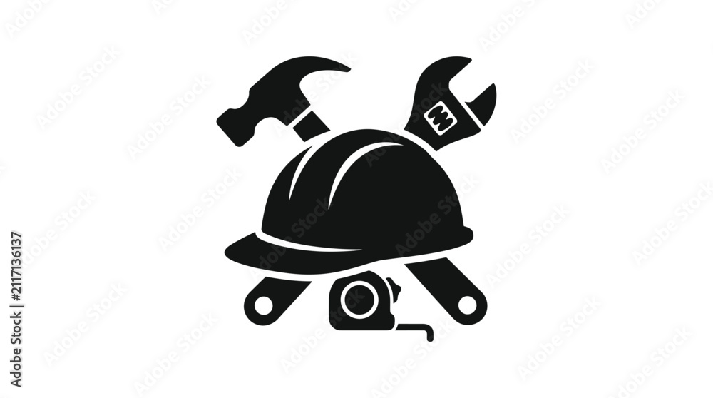 Fototapeta premium Construction Tools Silhouette With Hard Hat Hammer And Wrench On Transparent Background