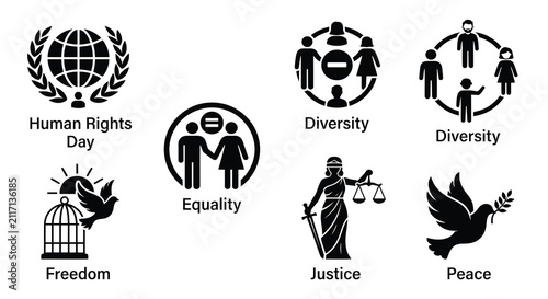 Human Rights Diversity Equality Justice And Peace Icons On White Background