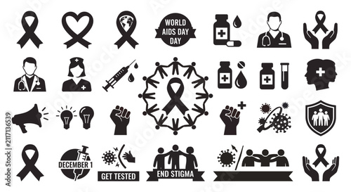 Collection Of Black Healthcare Icons And Aids Awareness Ribbons Flat Style