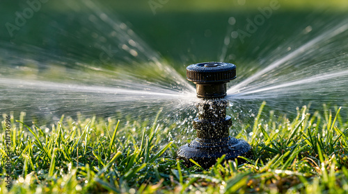 Automatic sprinkler watering green lawn grass during hot summer, conserving water with efficient irrigation system for plant growth and garden maintenance