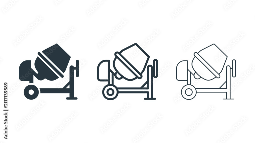 Fototapeta premium Set of three different concrete mixer icons isolated on white background featuring solid fill outline and thin line graphic design styles