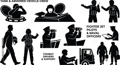 Cuadro en lienzo Set of black silhouette tank crew, fighter jet pilots, naval officers, and comba