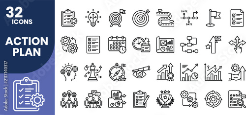 Professional action plan line icon set featuring strategic planning, goals, project management, task tracking, workflow, productivity, milestones, and business strategy outline symbols.