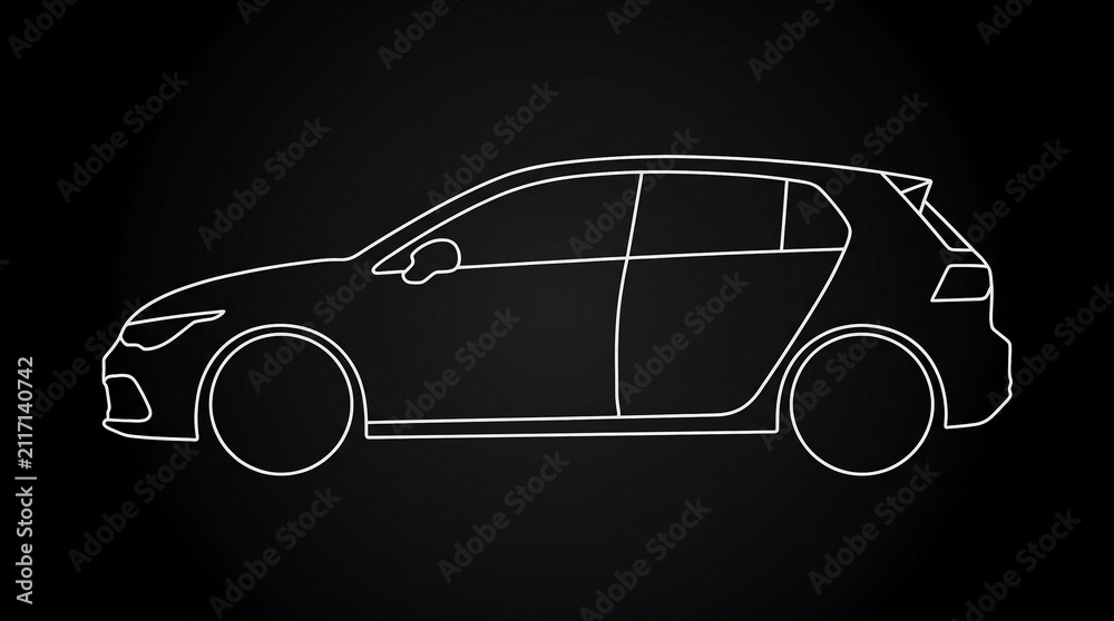 Naklejka premium Simple line art illustration of a generic modern car, side profile on a dark background, clean white outline.