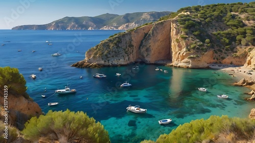 Mediterranean island cove with cliffs, calm sea, and boats floating, painterly style