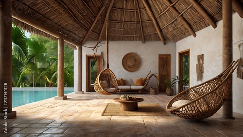 Mayan traditional home with palm roof, clay floors, and woven hammocks, 3D render