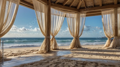 Meditation beach scene with flowing sheer curtains in the breeze, ocean sounds, barefoot path in sand, soothing design