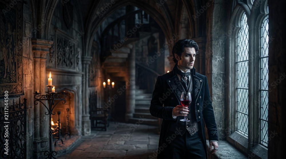 Naklejka premium Man Holding Red Wine in Gothic Castle Interior