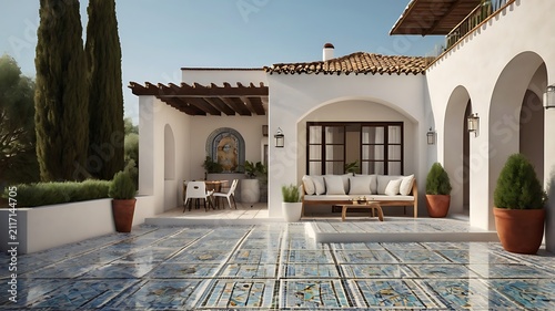 Mediterranean house terrace with mosaic tiles and white stucco, 3D architecture