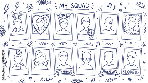 My squad doodle photo frames illustration, cute friends polaroid pictures and hand drawn doodles vector set