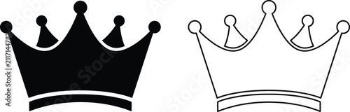 Set of two decorative crowns silhouettes one solid and one outlined with silhouette monarchy heraldic authority sovereign headpiece ornament isolated