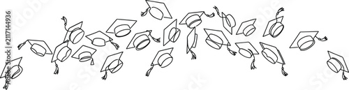 Continuous line art graduation illustrations, featuring caps, gowns, diplomas, and cheering students vector drawing