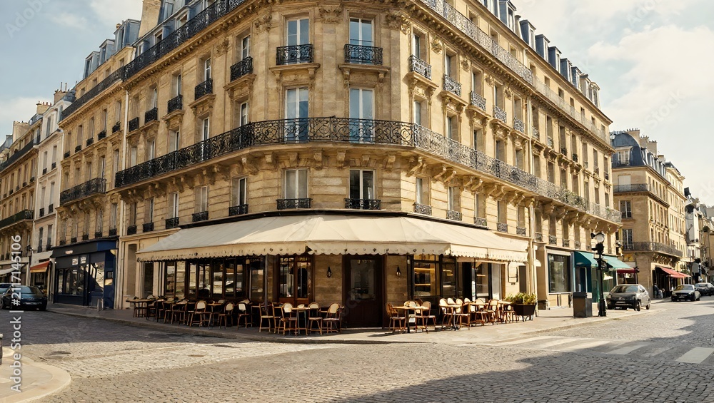 Fototapeta premium Classic parisian street corner featuring traditional cafe with outdoor seating and historic ornate.