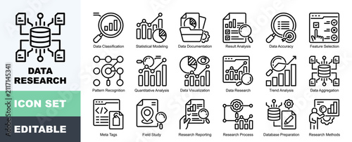 Data Research Icon Pack Featuring Data Classification, Statistical Modeling, Documentation, Result Analysis, Feature Selection, Pattern Recognition, Quantitative Analysis