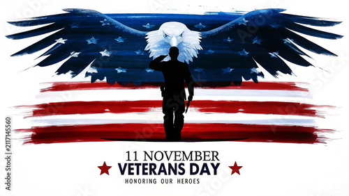 Veterans Day Tribute Banner with Saluting Soldier and American Flag