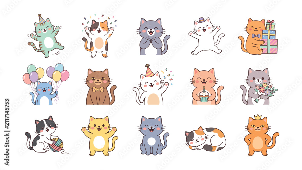 Obraz premium Adorable Party Cat Cartoon Collection with Gifts Balloons Cake Flowers and Cute Pet Celebration Characters