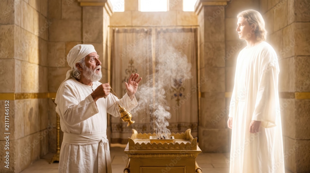Fototapeta premium Priest Zacharias meeting Angel Gabriel in Jerusalem temple. Biblical scene showing old man with censer surprised by glowing heavenly messenger. Religious prophecy and holy faith concept.