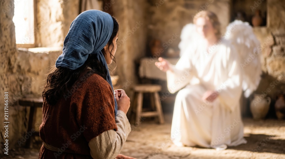 Fototapeta premium Young woman Mary listening to the Archangel Gabriel visiting her in Nazareth. Biblical scene of the Annunciation. Spiritual encounter with a divine messenger, faith and religion.