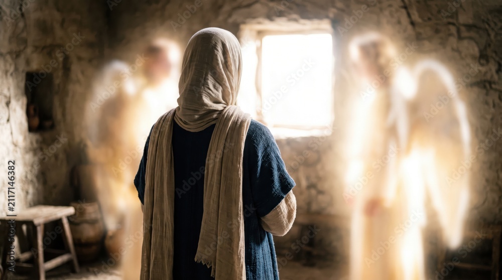 Fototapeta premium Woman standing in room and meeting shining angels. Bible scene of Annunciation where angel Gabriel appears to Mary in Nazareth. Traditional Christian religious event during history.