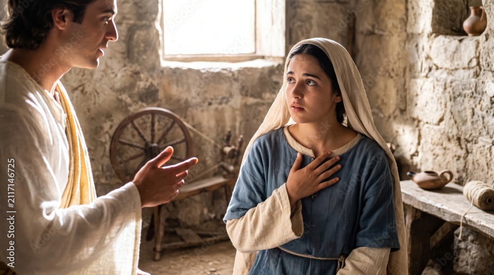 Fototapeta premium Angel Gabriel appearing to young woman Mary in interior of stone house. Biblical scene of Annunciation from Gospel of Luke. Religious concept of divine message and faith in Nazareth.