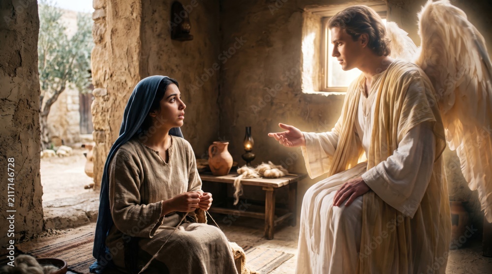 Fototapeta premium Woman Mary and angel Gabriel in room at Nazareth. Biblical scene of Annunciation. Concept of divine message and faith. Historical religious art representation of Gospel of Luke.