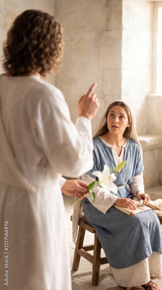 Fototapeta premium Angel Gabriel appearing to young woman Mary in Nazareth. Biblical annunciation scene with divine messenger holding lily flower. Christian religious event from gospel of Luke history.