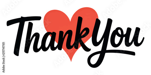 Quadro su tela Thank you text with red heart shape background on transparent background