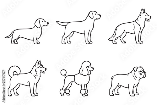 Download A diverse collection of black vector dog silhouettes depicting various breeds and sizes, perfect for graphic design projects and pet-related content. . Vector illustration