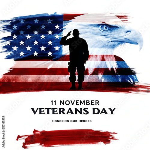 Veterans Day Tribute Banner with Saluting Soldier and American Flag