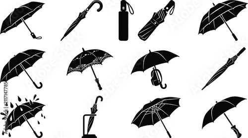 Bild auf Leinwand Rain umbrellas collection classic fashion parasols compact folding parasol and umbrella stand silhouette glyph icons vector illustration set