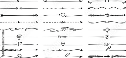 Принти на полотні Black doodle arrow vector collection with hand drawn curved arrows, sketch direc