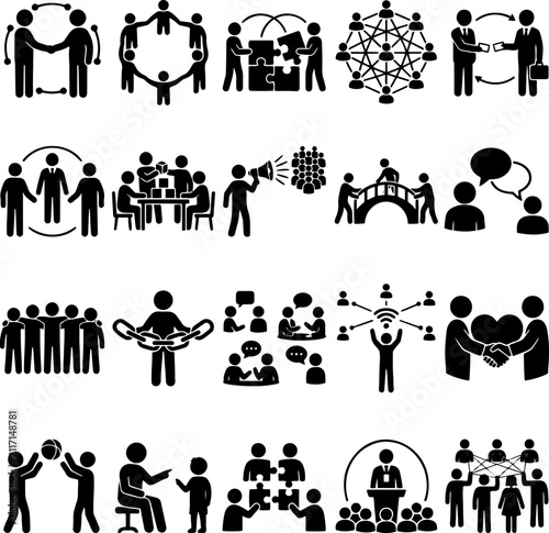 Business teamwork and partnership icon set. Black vector pictograms representing corporate communication, leadership, networking, and human connection.