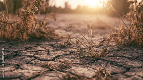 Close-up of cracked dry earth and wilting plants in drought landscape