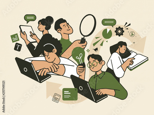 Creative vector illustration of teamwork and project management for business collaboration and planning. Ideal for web, flyer, blog, presentations, marketing materials, and corporate communication.