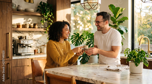 Happy couple enjoying a special moment together at a stylish kitchen island filled with natural light in a contemporary home