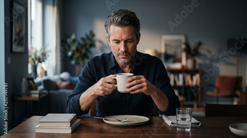 Pensive man cradling a ceramic mug reflecting on life in a warm and inviting indoor atmosphere